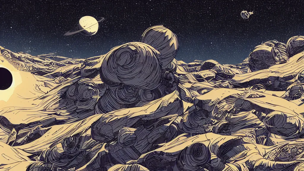 Image similar to very detailed, prophet graphic novel, ilya kuvshinov, mcbess, rutkowski, simon roy, illustration of a space junk floating in space around a dead planet, wide shot, colorful, deep shadows, astrophotography