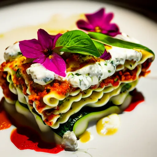 Image similar to zucchini lasagna filled with ground chicken, ras el hanut creme fraiche, topped with camembert cheese and edible flowers, michelin starred restaurant, food photography