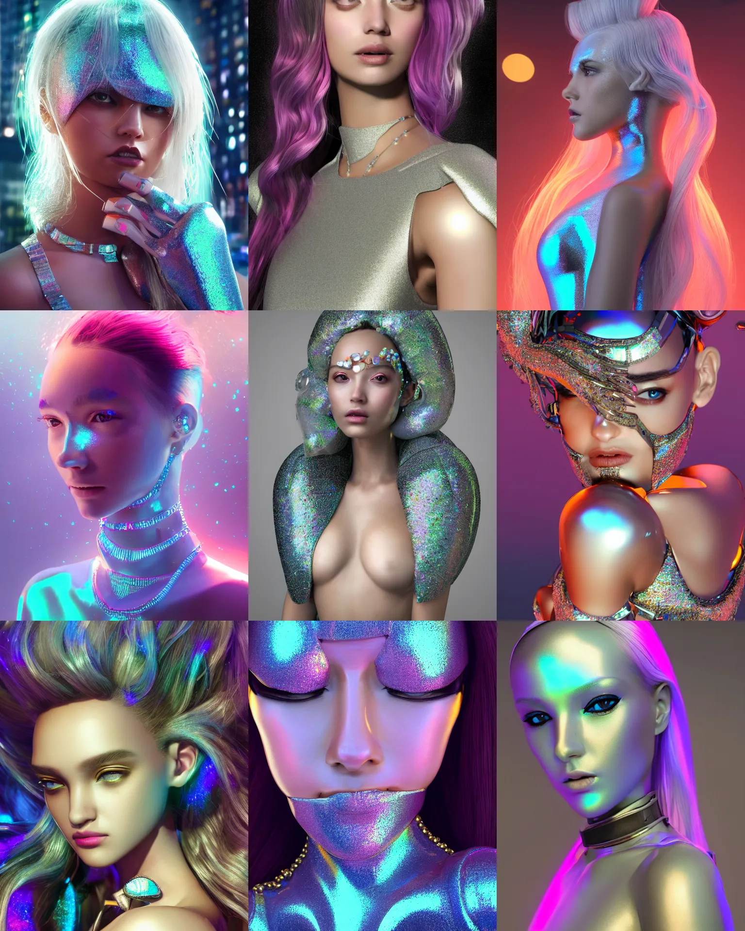 Prompt: BOTS magazine cover portrait :: of a cute gorgeous shiny pearlescent iridescent young woman cyborg on a crowded packed nyc sidewalk, high fashion photoshoot, elaborate hair, intricate details, jewelry, future met-gala dress, :: octane render, volumetric lighting, trending on artstation, anime girl, ue5, rossdraws, blender render, photoreal, sci-fi, science fiction, :: Madison beer, Jessica alba, megan fox, adriana lima, ::