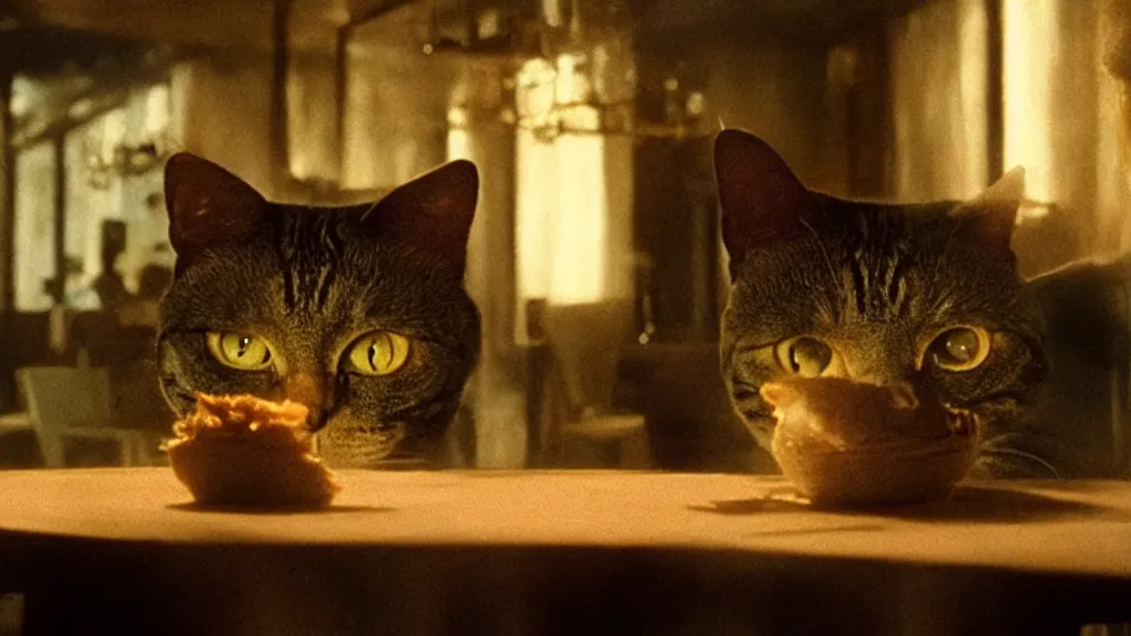 Prompt: the strange cat, works at a restaurant, film still from the movie directed by denis villeneuve and david cronenberg with art direction by salvador dali and zdzisław beksinski, wide lens