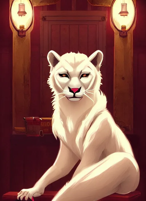 Image similar to beautiful portrait commission of a male furry anthro albino mountain lion with dark red eyes wearing a dress shirt in an old-timey Saloon. Atmospheric. Character design by charlie bowater, ross tran, artgerm, and makoto shinkai, detailed, inked, western comic book art