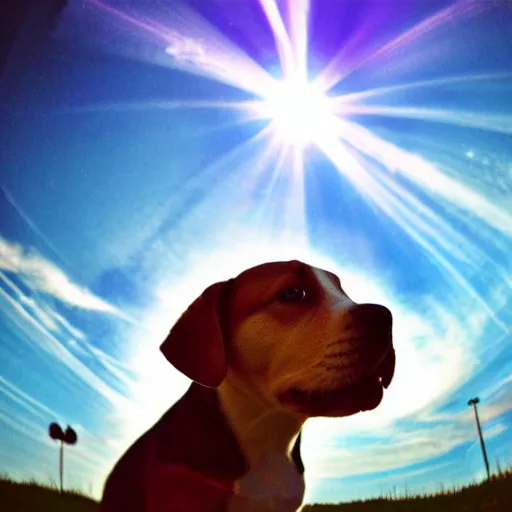 Image similar to This is a photo of a puppy. The puppy is happy. Tilt-shift fisheye photo. Light painting. God rays.