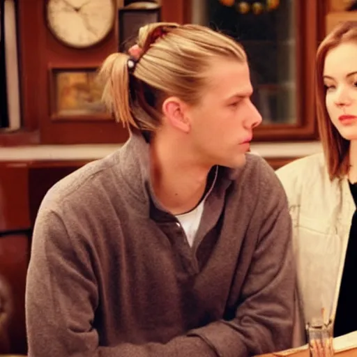 Image similar to 00s photo of a tall guy with dark blond bun (hairstyle) dating a blond girl in an old restaurant, Gilmore girls aesthetic