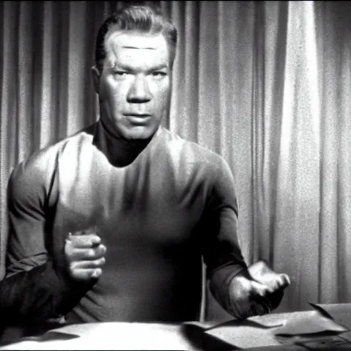 Prompt: still from a 1950s B horror movie starring William Shatner