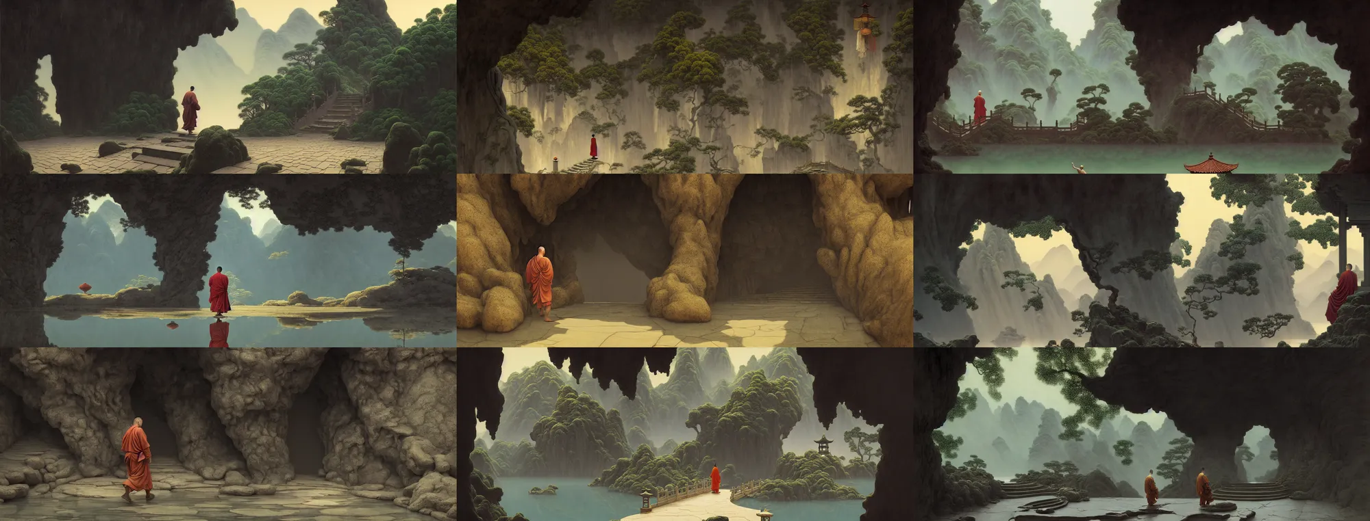 Prompt: a gorgeous landscape painting by barlowe wayne, maxfield parrish and marco mazzoni. chinese temple. close - up shot on rain dorps. a lonely chinese monk walks on the winding stone steps, stone gate to the dark cave, 3 d, octane render, turbulent lake, fog, 8 k.