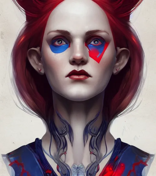 Prompt: A detailed matte head on symmetrical fanart portrait of a distinguished elven woman with red and blue hair by Charlie bowater and lise deharme wlop, trending on artstationhd, dungeons and dragons art critical role