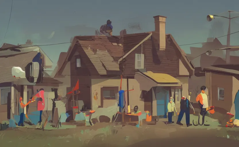 Image similar to a group of village farmers meet a local detective to outside his house, james gilleard, print, game art