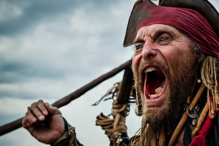 Image similar to closeup old pirate yelling on an old pirate ship, by emmanuel lubezki