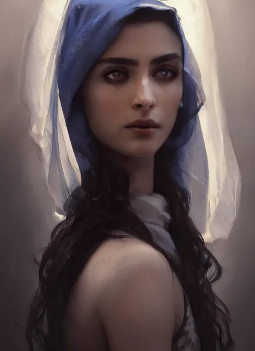 Image similar to a Photorealistic dramatic hyperrealistic render of an arab ameera al taweel, blue eyes, black hair, white veil,by WLOP,Artgerm,Greg Rutkowski,Alphonse Mucha, Beautiful dynamic dramatic dark moody lighting,shadows,cinematic atmosphere,Artstation,concept design art,Octane render,8K