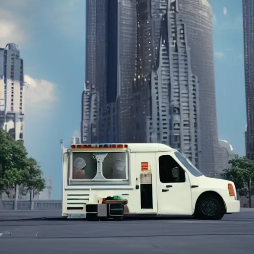 Image similar to a promotional movie still of a futuristic food truck. the truck is hovering high in the air next to a tall impressive looking building. fifth element ( 1 9 9 7 ), unreal engine 5, octane 3 d, render, imax 7 0 mm