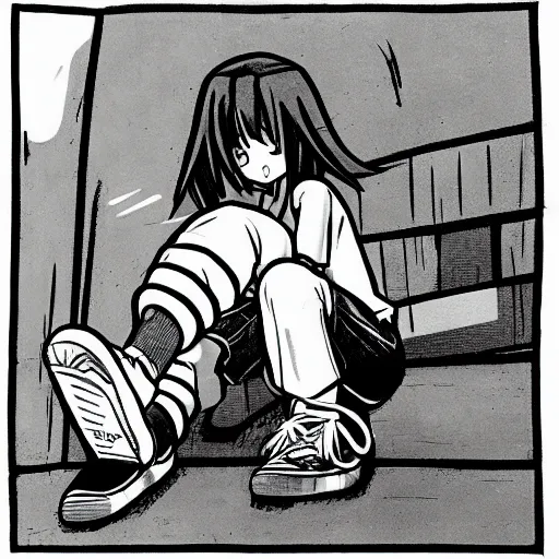 Prompt: manga, monochrome, made by toriyama akira, front portrait of a girl, modern clothing, sneaker shoes, arcade cabinet