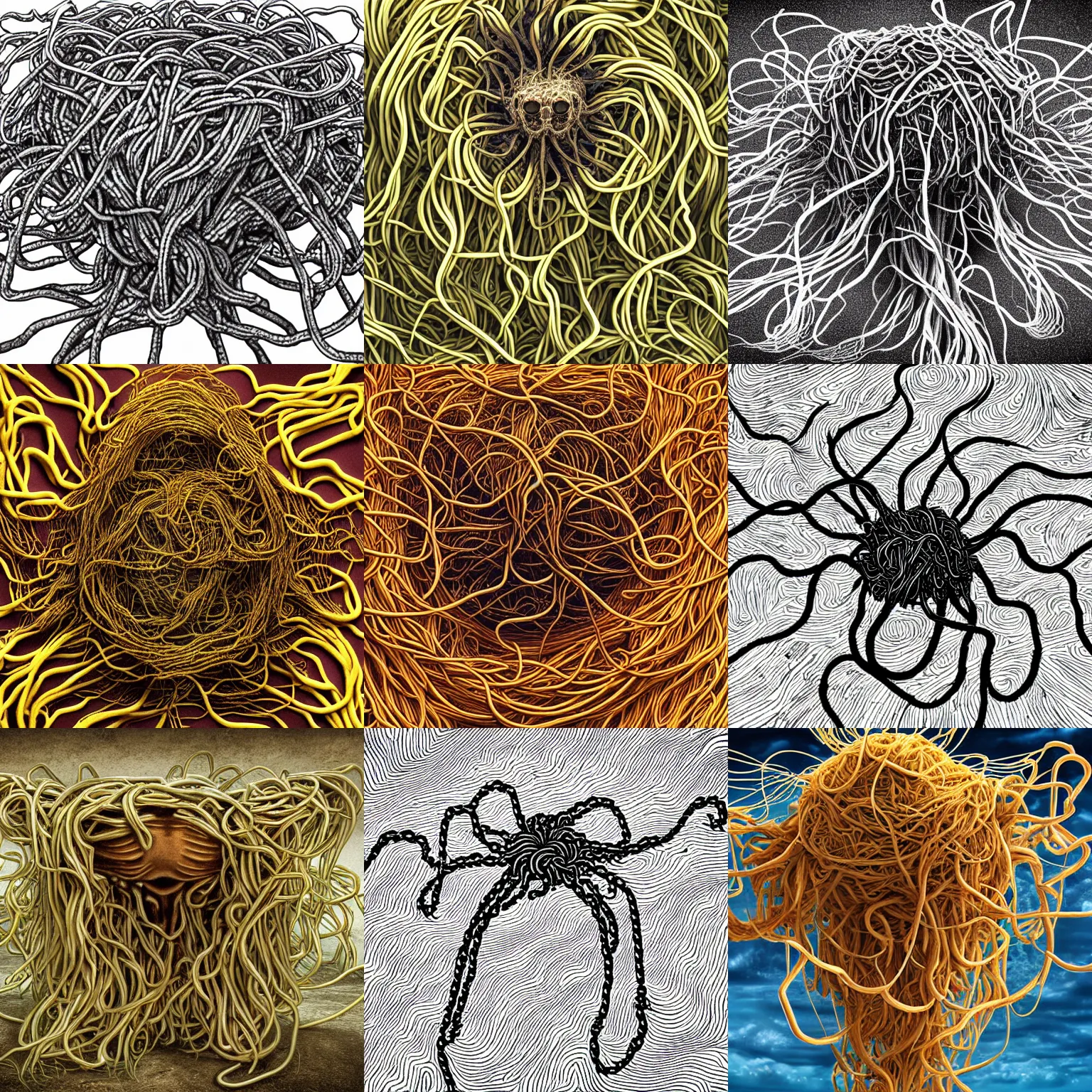 Prompt: photo hyper realistic of a flying spaghetti monster