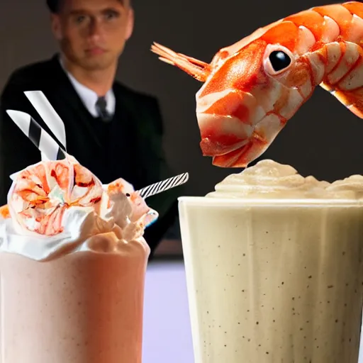 Image similar to a well dressed milkshake next to a brilliant shrimp, in the mouth of a cow, hyper realistic, sharp focus, hyper - detailed, 8 k resolution