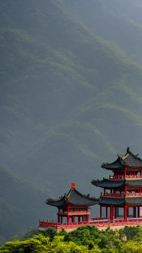 Image similar to ancient Chinese temples on the mountain in the distance,highly detailed,high resolution,cinematic lighting