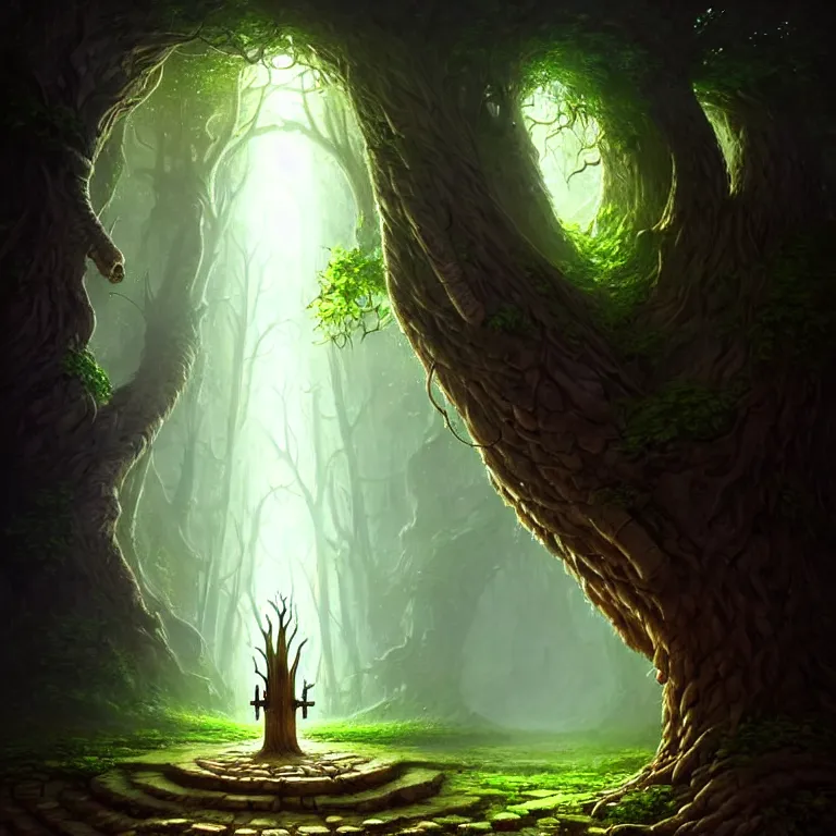 Image similar to a beautiful giant tree growing in the middle of an mysterious giant door carved with symbols, a door is embedded in the tree. godray on plants, fantasy digital art, fantasy style art, fantasy hearthstone art style, fantasy game art by greg rutkowski, darksouls concept art