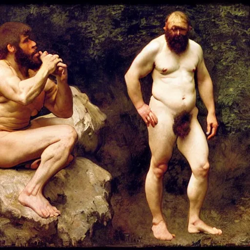 Image similar to portrait of an ancient human species neanderthal muscular rubenesque hairy man, by bouguereau, norman rockwell, ruben, manet, renoir