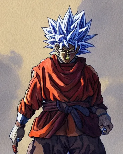 Image similar to a oil / watercolor painting full body character portrait of an old homeless saiyan soldier fighting to protect his family in the style of moebius in the style of leonard boyarsky trending on artstation deviantart pinterest detailed photorealistic highlights and shadow hd 8 k post - processing high resolution