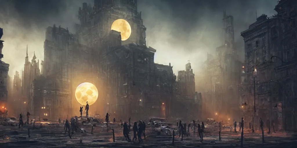Image similar to a cinematic movie scene, 2 0 0 mm wide shot, a post - apocalyptic city with monuments, a dark yellow moon, bustling with people and flying cars, gothic environment, detailed illustration, sharp focus, concept art, unreal engine, octane render, god rays h 7 6 8