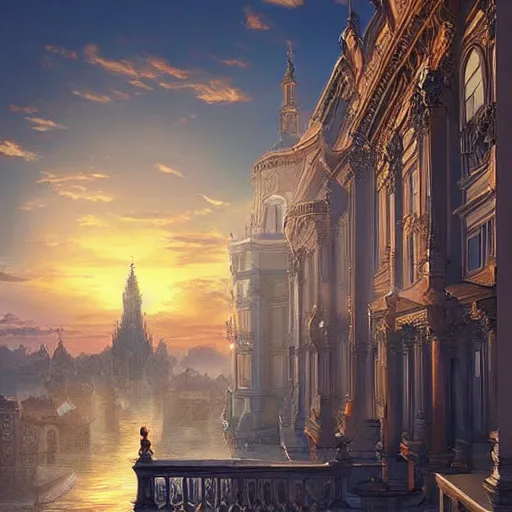 Image similar to magnificent baroque city floating in the sky, beautiful, surreal, highly detailed, sharp focus, sunset, by artgerm, cgsociety