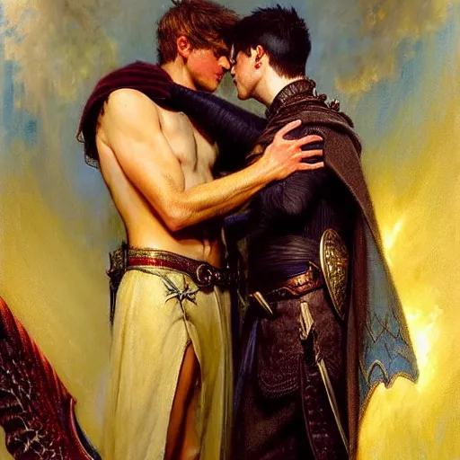 Image similar to stunning arthur pendragon in love with stunning male merlin the mage. they are close to each other, touching, looking. highly detailed painting by gaston bussiere, craig mullins, j. c. leyendecker