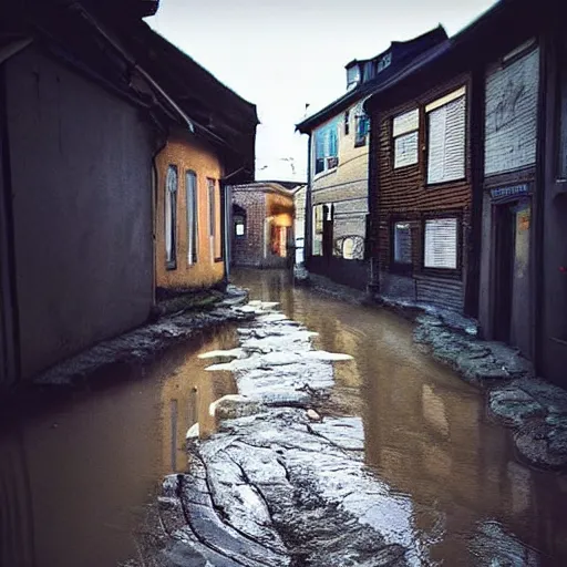 Image similar to a tiny world with streets and houses made of mud, ambient light, beautiful photography