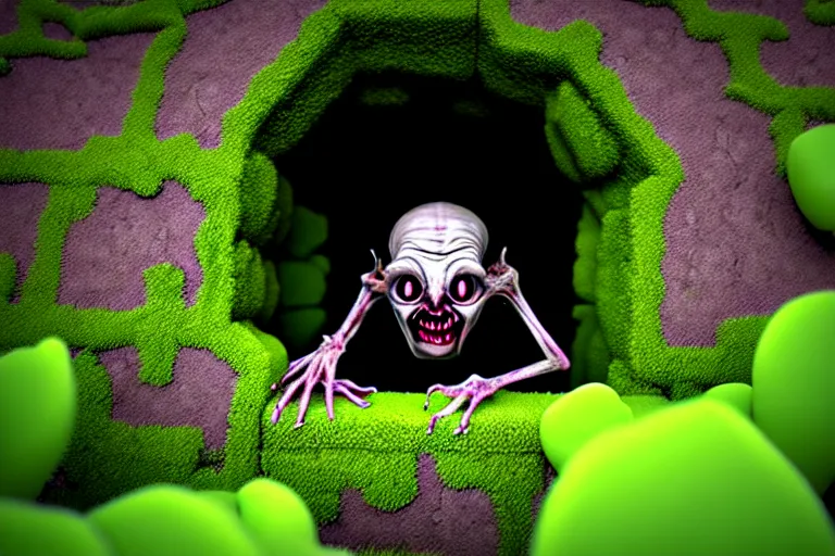 Image similar to a cursed image of a creature infested crevice, evil, staring at you, damnation, liminal, garden