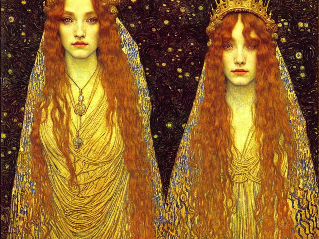 Image similar to detailed realistic beautiful young medieval queen face portrait by jean delville, gustav klimt and vincent van gogh, art nouveau, symbolist, visionary, gothic, pre - raphaelite, muted earthy colors, desaturated