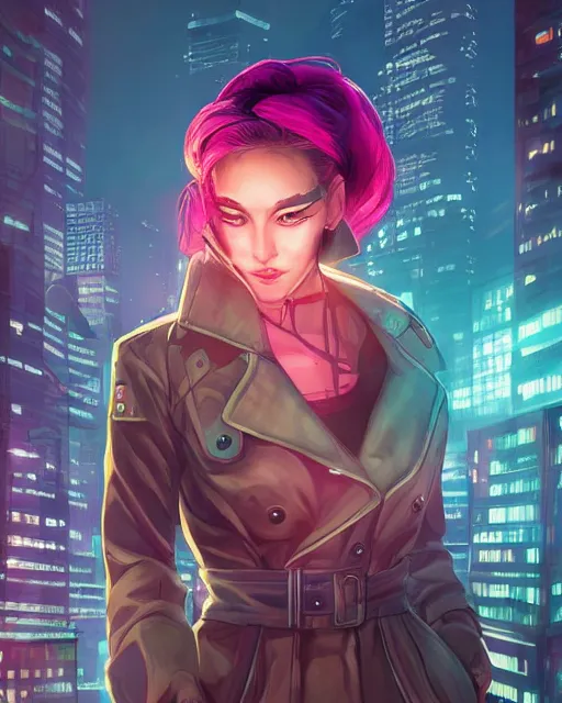 Prompt: photorealistic character portrait of a beautiful half cyborg woman with a mischievous look, the half cyborg woman is wearing a long trench coat, in a night rooftop scene, character portrait in the style of Artgerm and NeoArtCorE, colorful night rooftop scene by Liam Wong