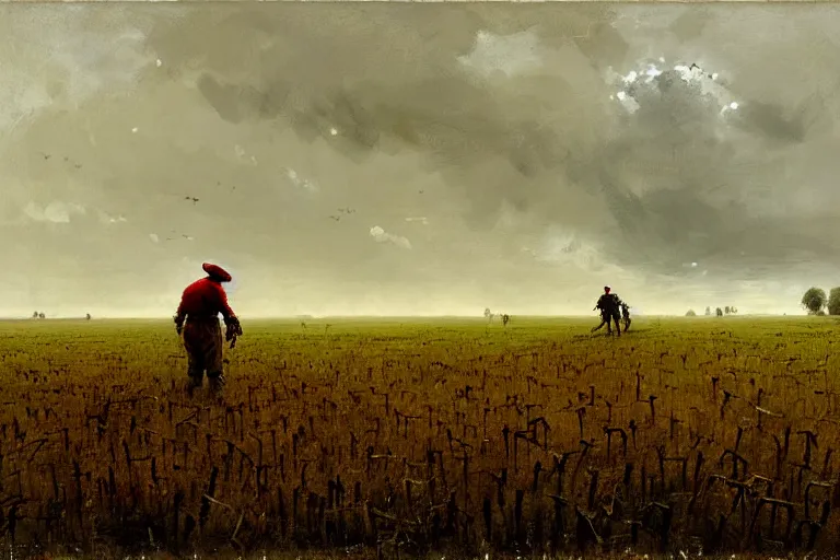 Prompt: jakub rozalski monster in a farmer's field