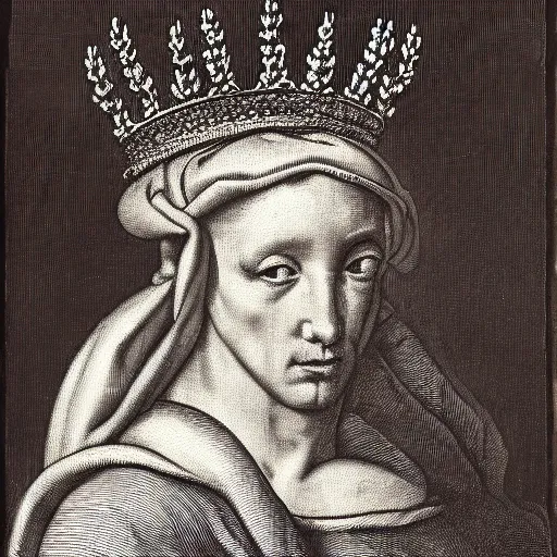 Image similar to a renaissance style portrait of a wild pig wearing a crown and a cape, dark background