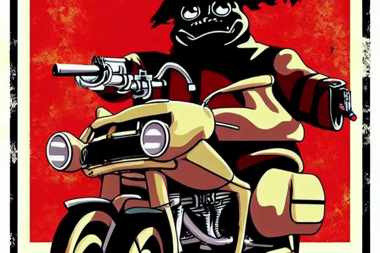 Image similar to pizza the hut, akira's motorcycle, gorillaz, poster, high quality