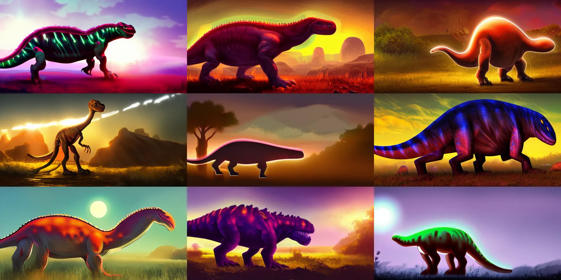 Prompt: translucent neon psionic dinosaur on the savannah during golden hour, fantasy concept art