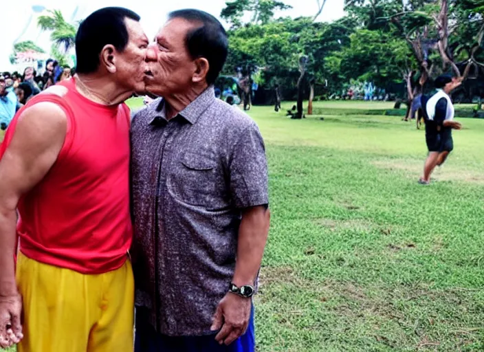 Prompt: rodrigo duterte and thanos kissing each other in luneta park, real life photograph, award winning photograph, 4 k