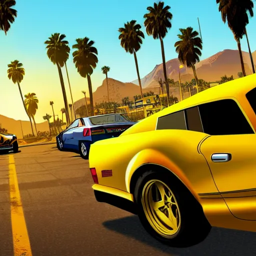 Image similar to yellow ranger in gta v cover art los santos in background, palm trees in the art style of stephen bliss, 4 k