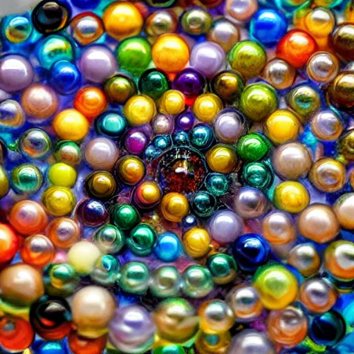 Prompt: eyeball surrounded by tightly packed glass marbles and bath beads