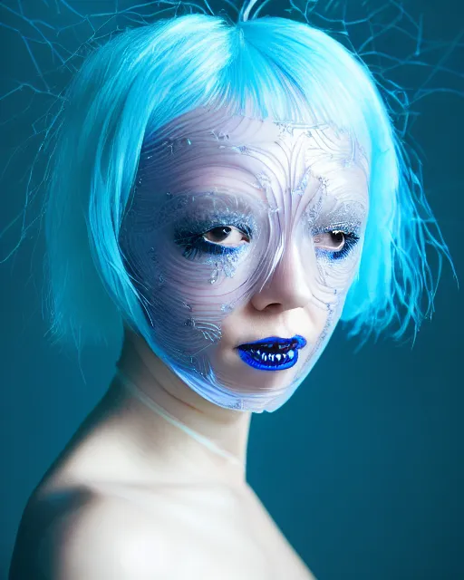 Prompt: symmetrical close - up portrait of a woman wearing a translucent silicone beauty mask and blue hair, wearing a black bodysuit by alexander mcqueen, plastic translucent flowers, black background, soft diffused light, biotechnology, humanoide robot, bjork aesthetic, translucent, intricate details, highly detailed, masterpiece,