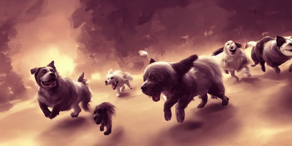 Image similar to landscape of people running from a giant obese dog, very scared, digital art, artstation