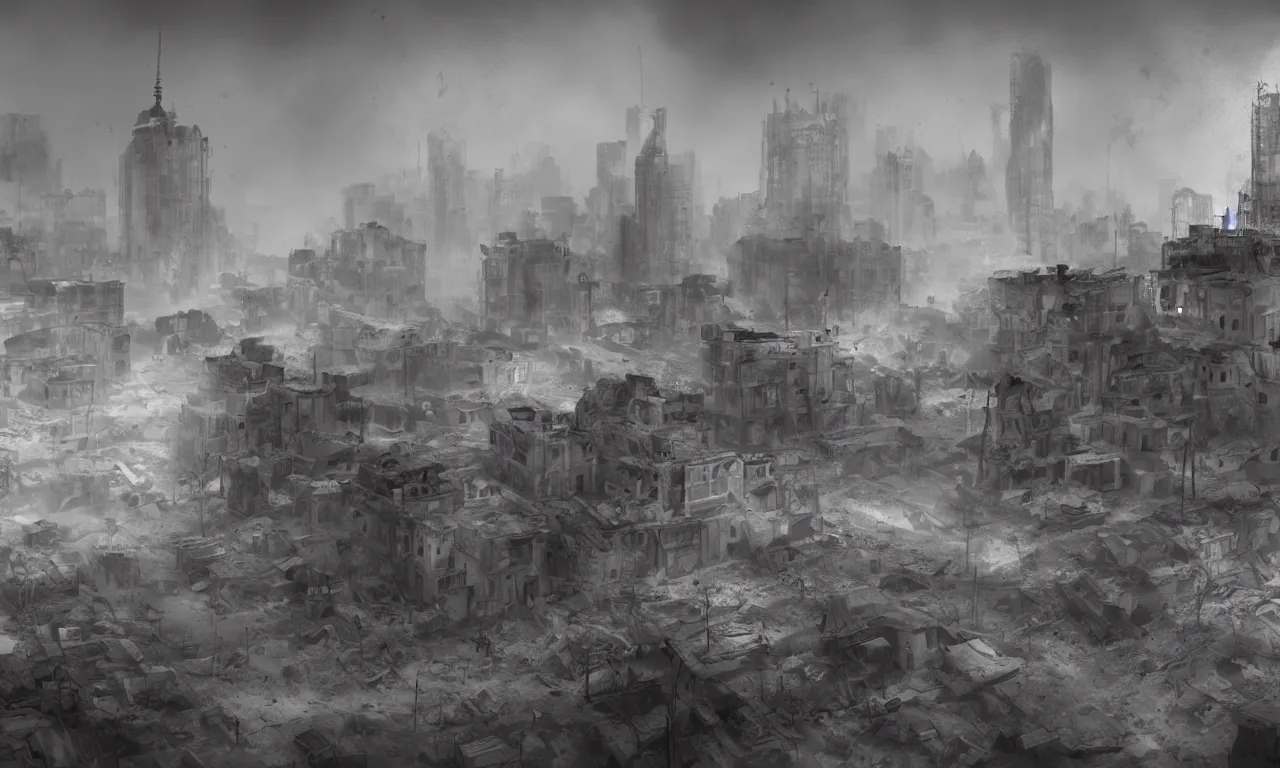 Image similar to Ruins of Bucharest after a war, dust and smoke, fire, ash, digital painting, matte, artstation