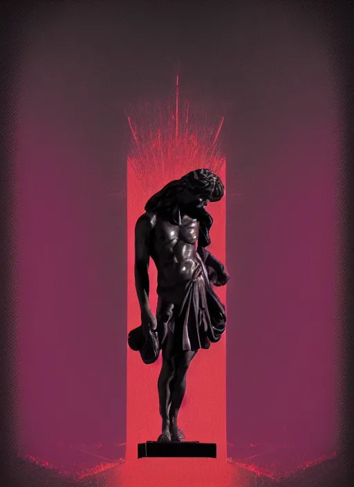 Image similar to dark design poster showing a heroic greco roman statue, black background with very subtle red and purple design elements, powerful, nekro, vito acconci, thin straight lines, dark, glitch art, neo vaporwave, gritty, layout frame, square, trending on artstation