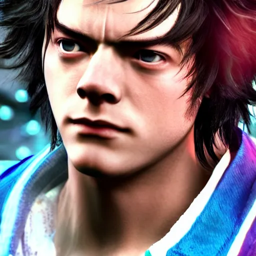 Prompt: a videogame still of Harry Styles in Tekken 7, portrait, 40mm lens, shallow depth of field, close up, split lighting, cinematic