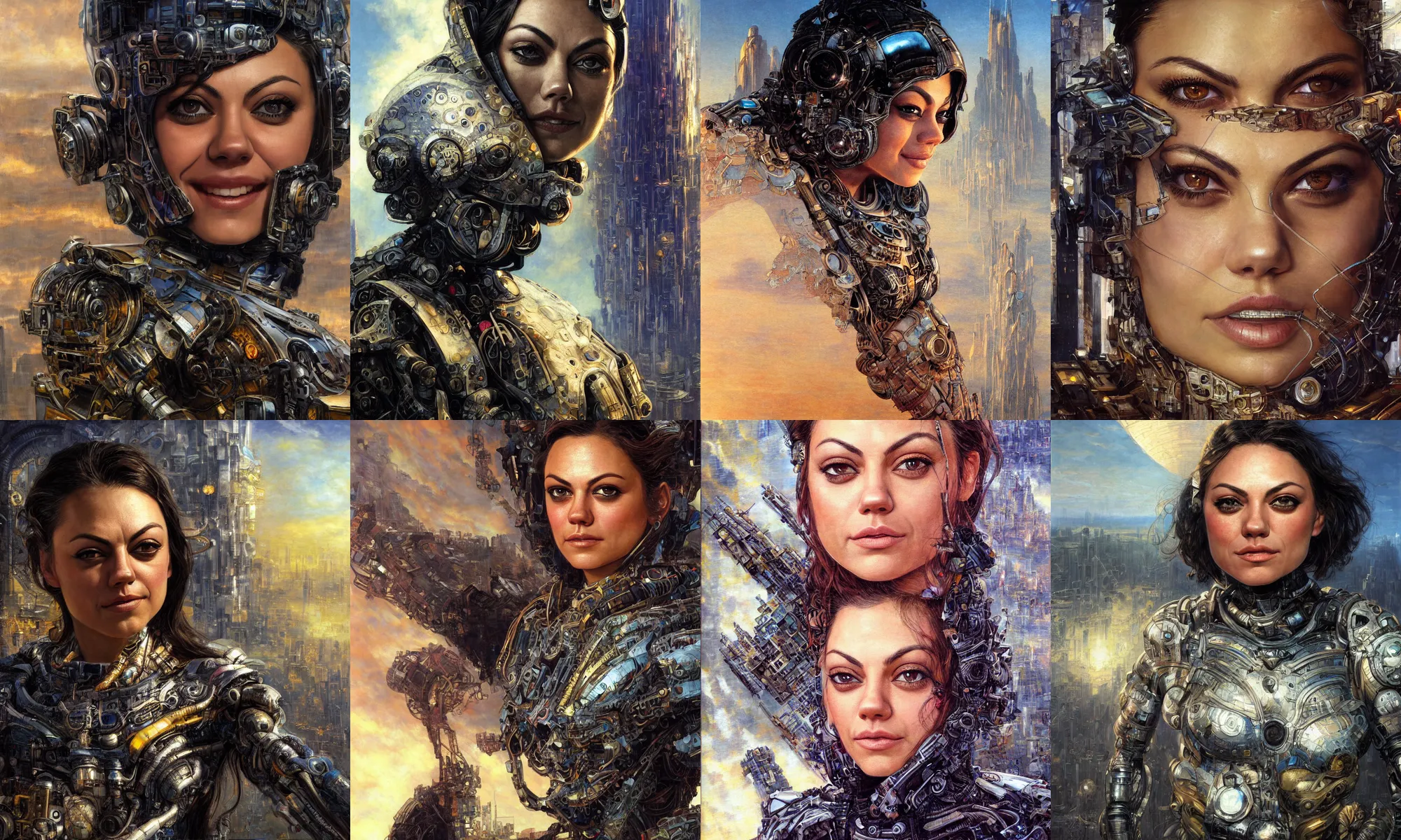 Image similar to close - up portrait of epic mila kunis smiling into camera, intricate cyborg armor, vista of futuristic city, windy, golden hour, wlop, by gerald brom, by mikhail vrubel, by peter elson, muted colors, extreme detail, trending on artstation