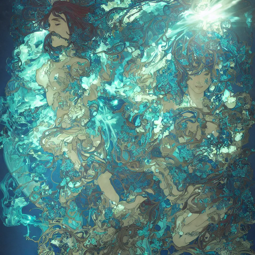 Prompt: rich blue and green and aqua and teal fungus monsters by artgerm and beksinki, red veins by alphonse mucha, intense lighting, light beams, lens flare, intricate, elegant, nightmare, highly detailed, digital painting, artstation, concept art, smooth, sharp focus, illustration