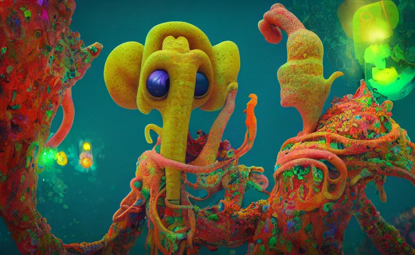 Image similar to squidward taking an acid trip, digital painting, octane render, psychedelic, intricate detail, highly detailed