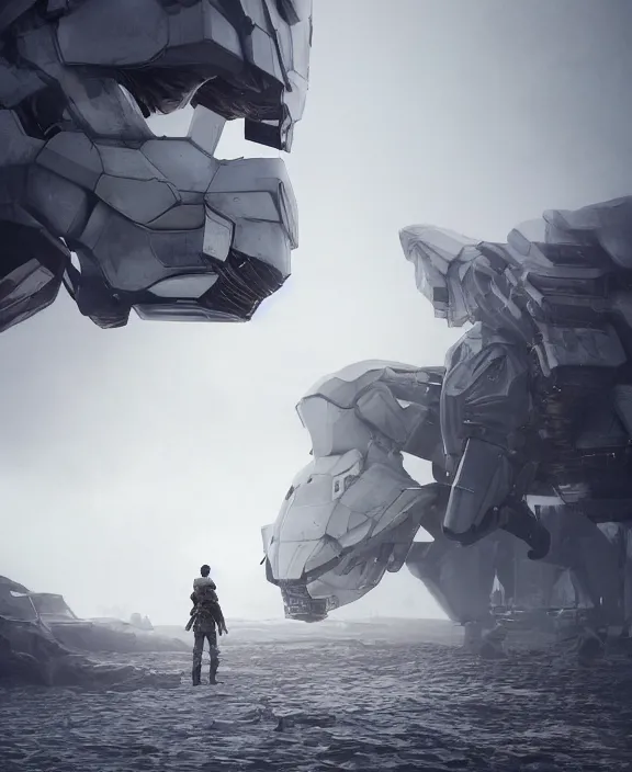 Image similar to surreal romantic metal gear prometheus horizontal white mecha building architecture by ruan jia, futuristic blame, white architecture in the beach in iceland, foggy, highly detailed, digital painting, arstation, concept art, hyperealistic octane render, unreal engine