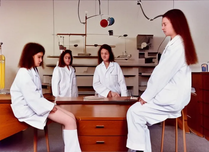 Image similar to realistic photo of a three young female scientists wearing white shorts, faces hidden veil, watching at a levitating fluffy furry cloud, in a living room sci - fi laboratory with many wooden gadgets made of wood interior is made of wood 1 9 9 0, life magazine reportage photo, natural colors