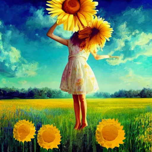 Image similar to head and face made of giant daisies, girl standing barefoot in a flower field, holding flowers, surreal photography, sunrise dramatic light, impressionist painting, colorful clouds, large sky, digital painting, artstation, simon stalenhag, flower face