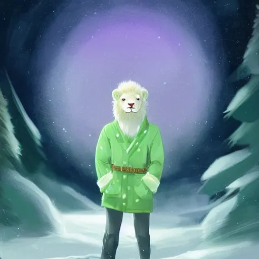 Prompt: aesthetic portrait commission of a albino male furry anthro lion in the north pole with the northern lights visible in the sky and the background while wearing a cute green jacket cozy soft pastel winter outfit, sleet rain, winter atmosphere. character design by charlie bowater, ross tran, artgerm, and makoto shinkai, detailed, inked, 2 0 2 1 award winning painting