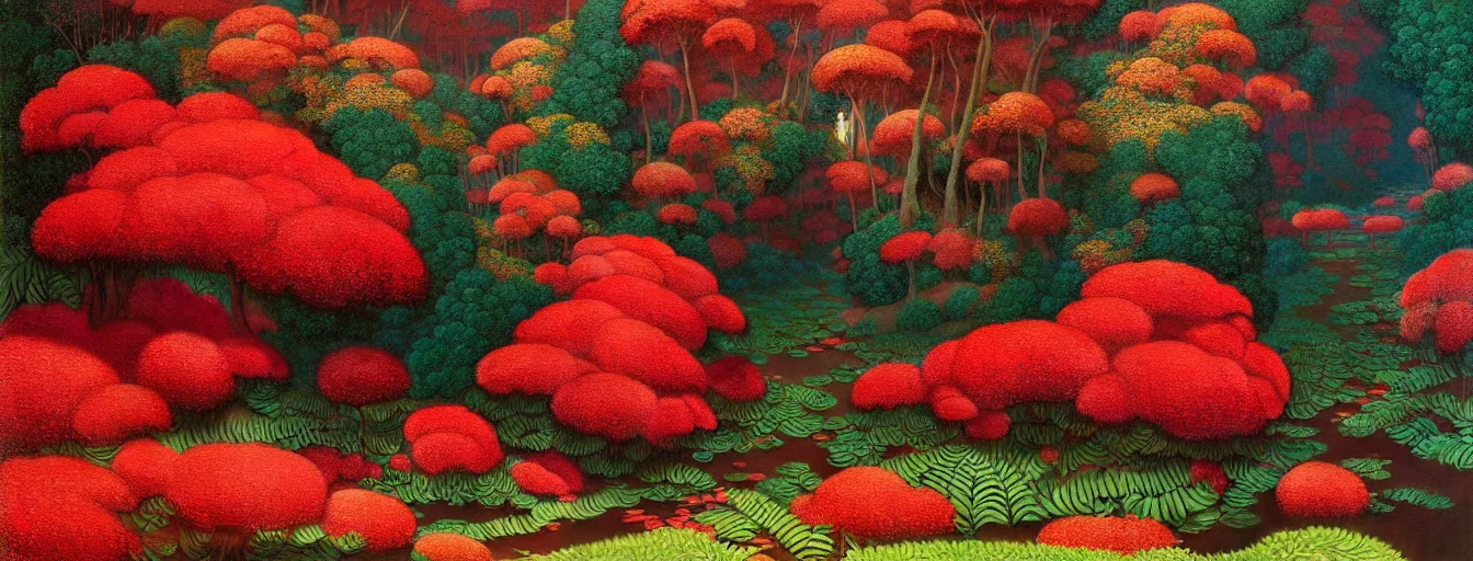 Image similar to a gorgeous very early spring series of lush islands separated by flower - lined streams, twisted gardens, flowers, fern fronds, all red, painting by barlowe wayne maxfield parrish and marco mazzoni. very little light verdancy. ultra clear detailed. all foliage is red. 3 d, octane render