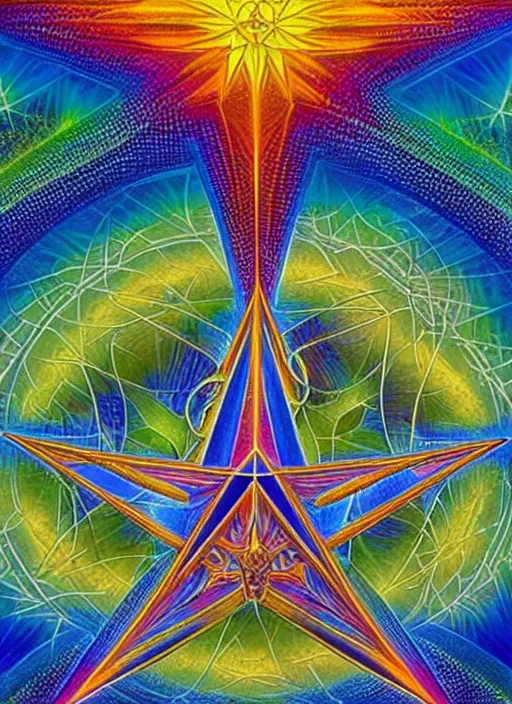 Prompt: star tetrahedron, psychedelic art, ray tracing, alex grey