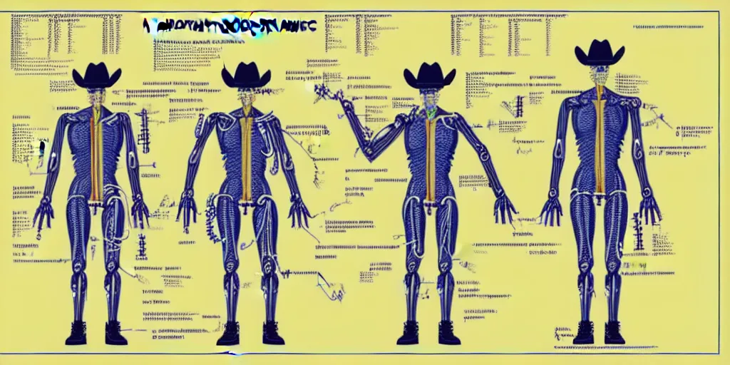 Image similar to technical diagram blueprint of anthropomorphic anatomical sip technician, cyborg cowboy technical diagram, anthropomorphic nootropic commission system, humanoid cowboy snake man machine blueprint, performance enhanced salesman anatomy, snake oil sip tech technical blueprint plan